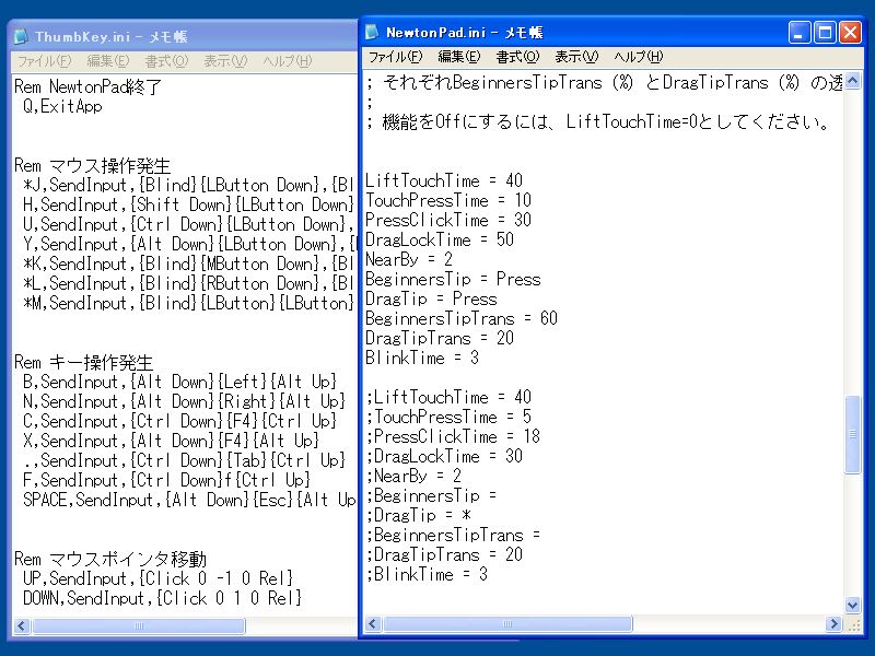 ݒ́ANewtonPad.iniThumbKey.inĩt@CeLXgGfB^ȂǂŒڕҏW邱Ƃōs